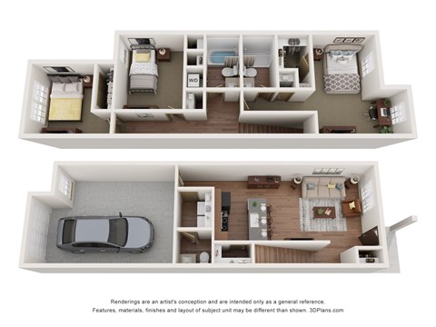 a stylized image of a 1 bedroom and a 2 bedroom floor plan